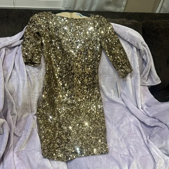 antonio melani gold dress Antonio Melani Rose Gold Sequined Feather Cocktail Dress main image 1